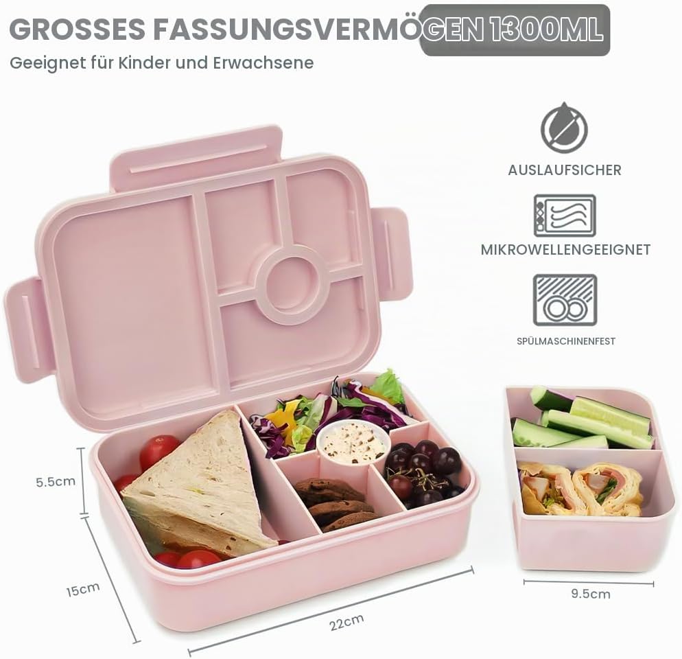 Bugucat Lunchbox Kinder 1300ML 2Set, Brotdose Kinder mit 5 Fächern Bento Box Brotdosen mit Besteckse