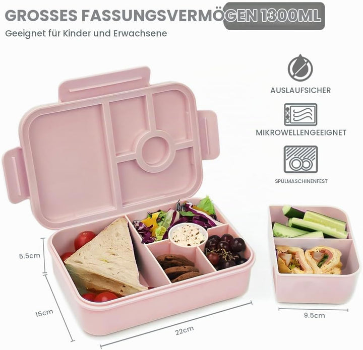 Bugucat Lunchbox Kinder 1300ML 2Set, Brotdose Kinder mit 5 Fächern Bento Box Brotdosen mit Besteckse