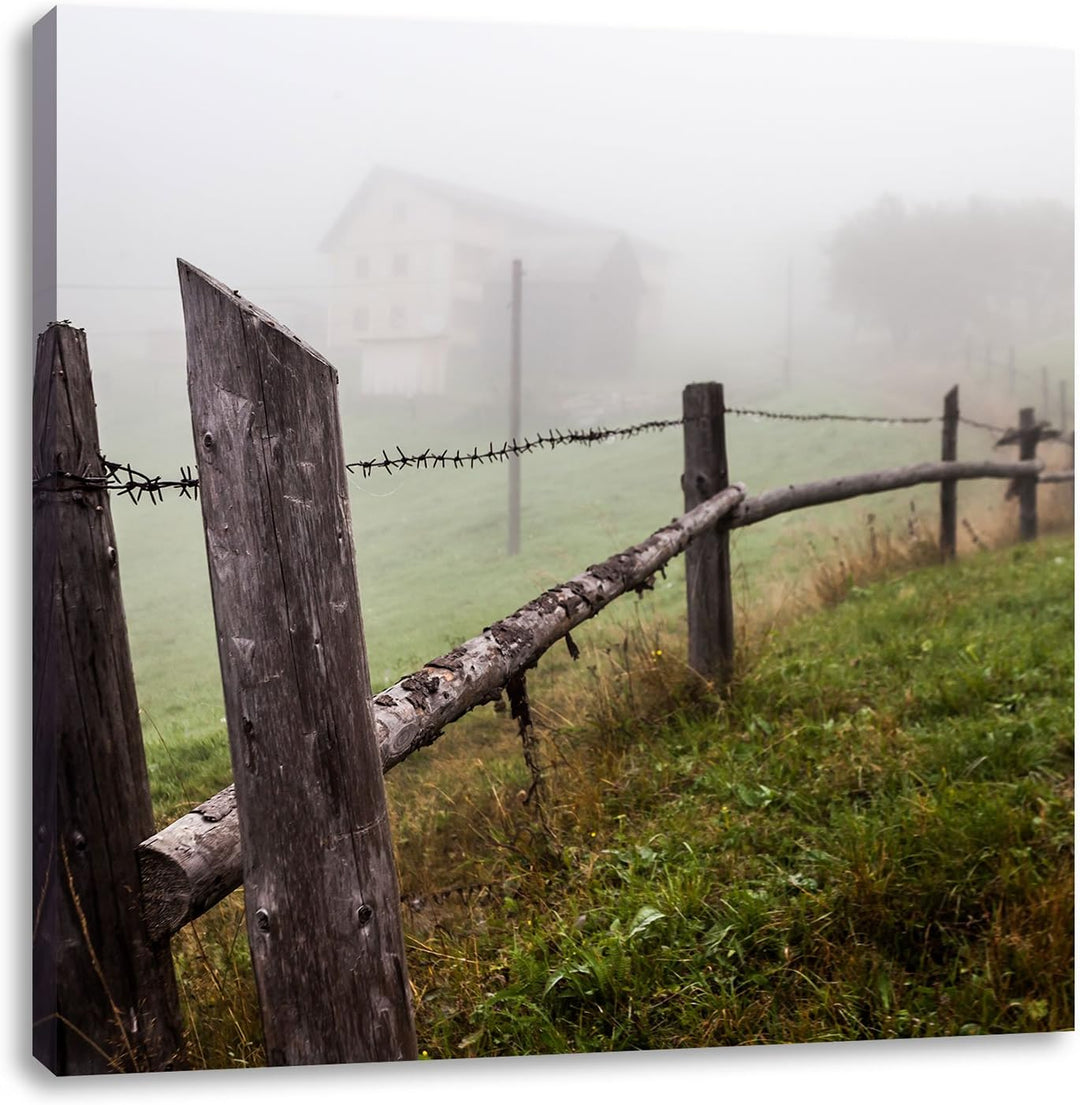 Pixxprint Rustikaler Holzzaun auf Wiese als Leinwandbild/Grösse: 70x70 / Wandbild/Kunstdruck/fertig