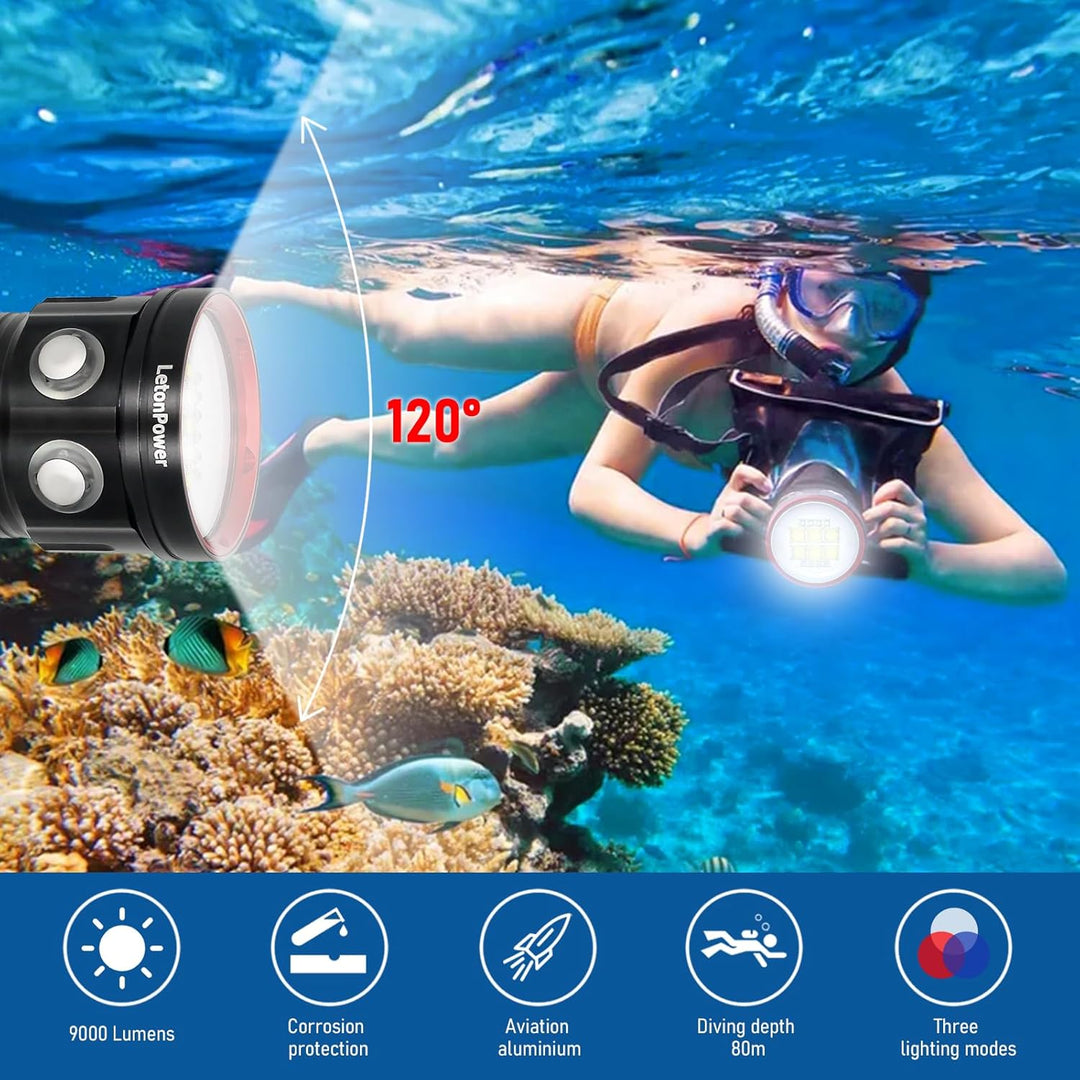 B24 Tauchen Taschenlampe,9000 Lumens Super Bright Underwater 80m Video Light, Scuba Dive Light, High