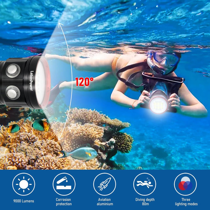 B24 Tauchen Taschenlampe,9000 Lumens Super Bright Underwater 80m Video Light, Scuba Dive Light, High