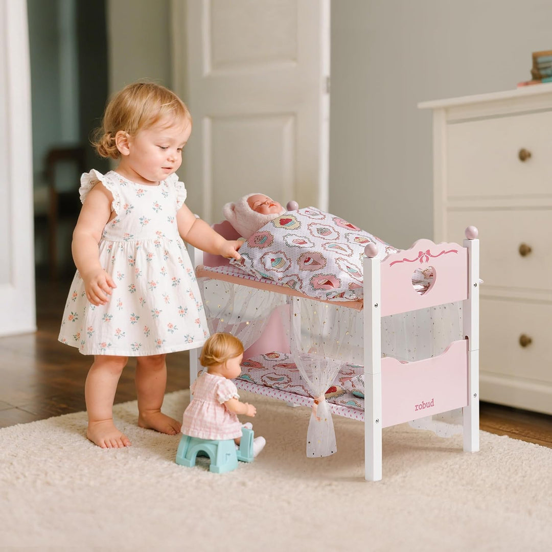 ROBUD Holzpuppen-Etagenbett, 2-in-1-Convertible Puppenbett mit Bettwäsche, Baldachin Vorhänge &amp; Herz