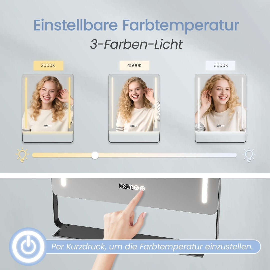 AQUABATOS LED Spiegel mit Uhr 60x80 cm Badspiegel mit Beleuchtung und Uhrzeit Aluminiumrahmen Ablage