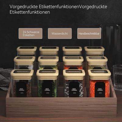 FINEW Gewürzgläser Set Eckig - 12 x 200ml, Hochwertig Gewürzdosen aus Glas Glasbehälter mit Bambusde