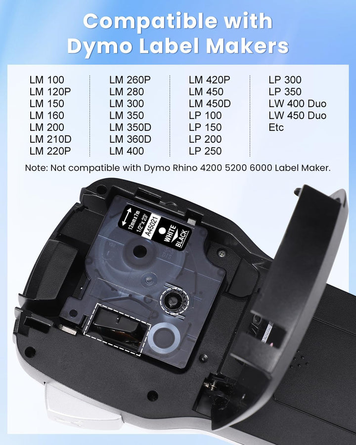 Aken 45021 kompatibel mit Dymo D1 Etikettenband Schwarz 12mm x 7m für LabelManager 160 LM280 210D 36