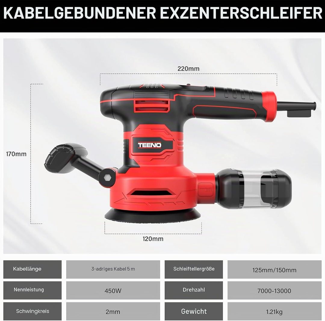 TEENO 450W Exzenterschleifer mit 6 Geschwindigkeiten, 13.000 U/min,Ø125/150mm Teller, 20 Schleifsche