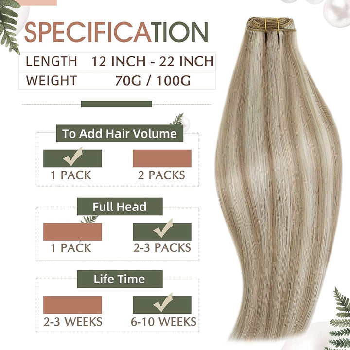 RUNATURE Blond Haartressen Echthaar Exensions Aschbraun mit Platinblond Tressen Echthaar Zum Einnähe