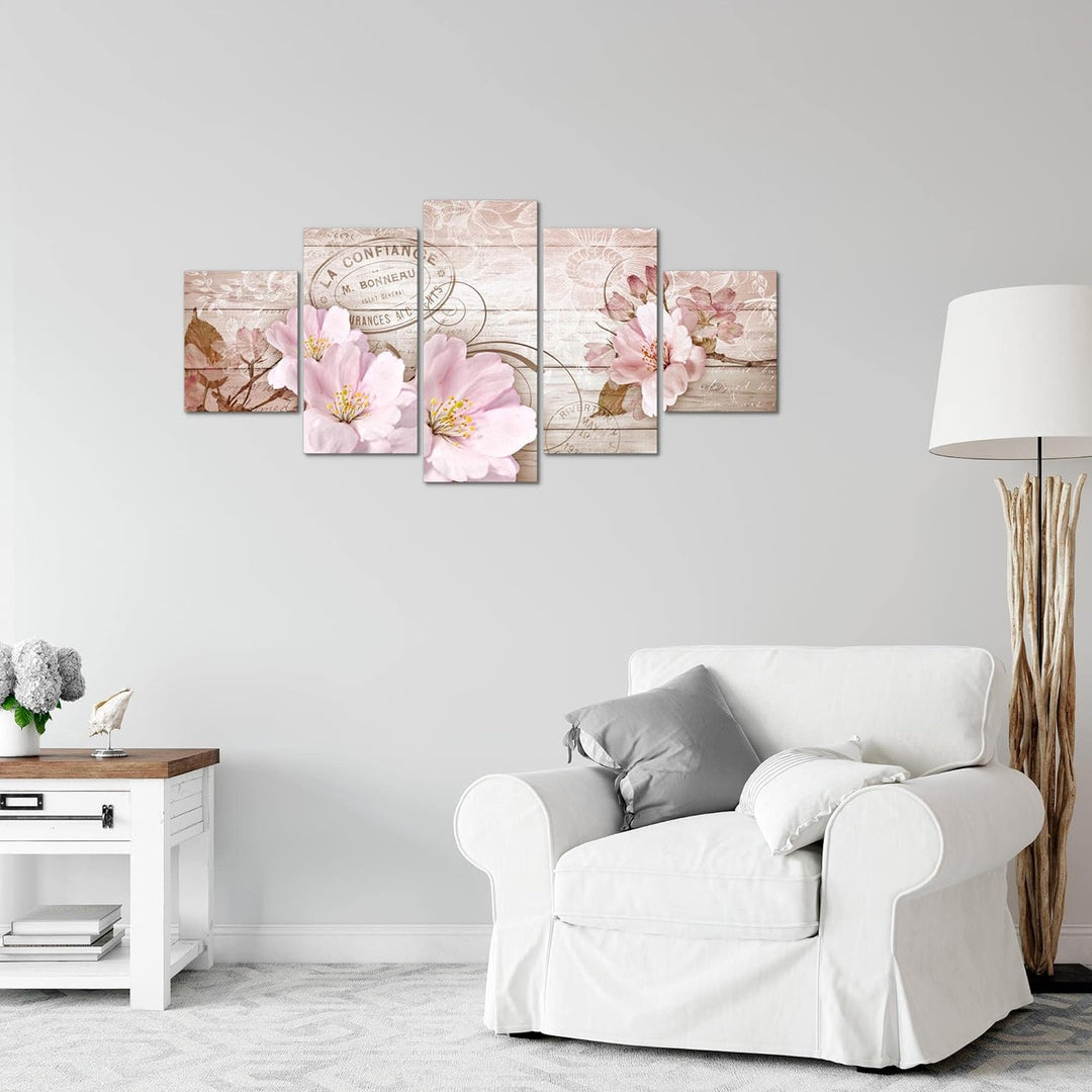Runa Art Wandbilder Vintage Blumen 5 Teilig Bild auf Vlies Leinwand Deko Wohnzimmer Holzoptik Beige