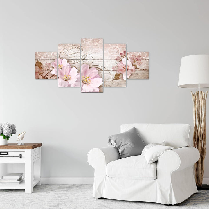Runa Art Wandbilder Vintage Blumen 5 Teilig Bild auf Vlies Leinwand Deko Wohnzimmer Holzoptik Beige