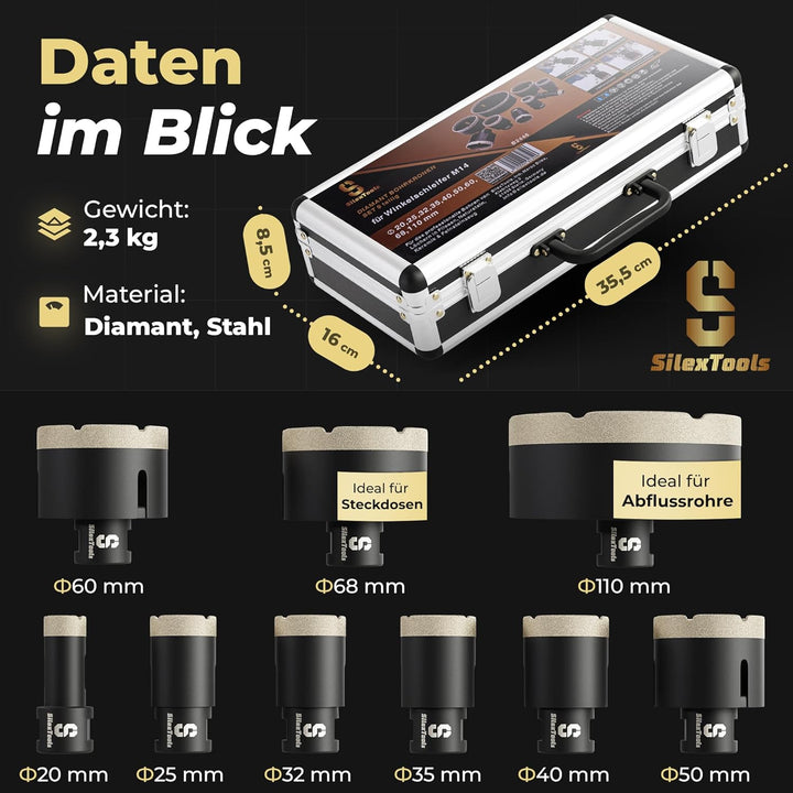 Profi Diamant Fliesenbohrer Set - 9 teilig [20|25|32|35|40|50|60|68|110mm] mit Bohrkronen, 68mm Stec