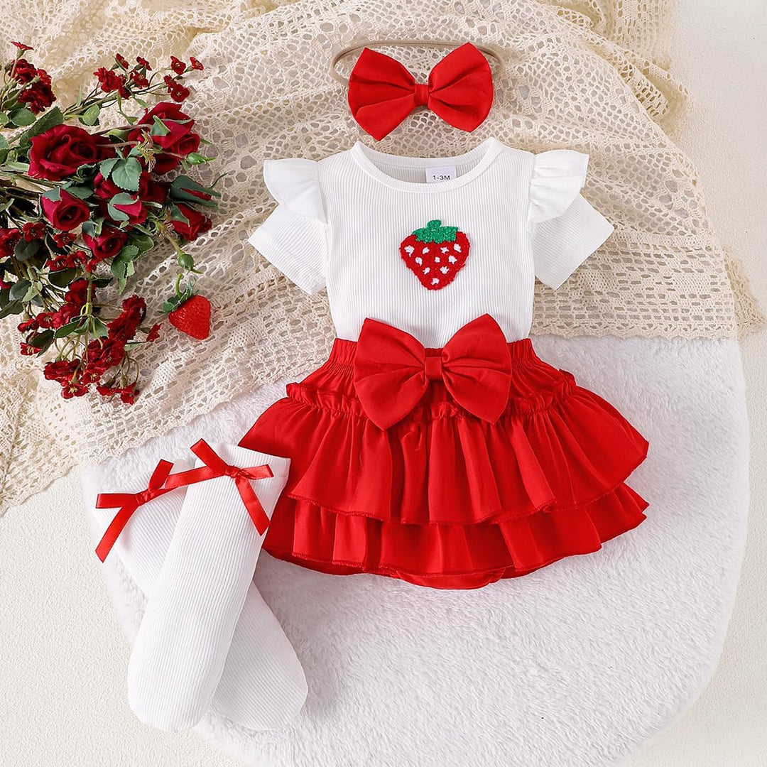 Neugeborene Baby Mädchen Sommer Outfit Rüschen Kurzarm Top+ Bowknot Bloomers Tutu Rock Shorts+ Stirn