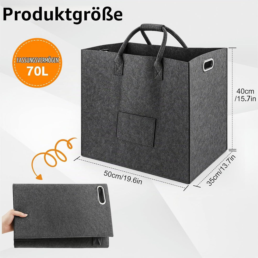 Filztasche, 70L Filz Einkaufstasche, Filztasche Kamin Holz Korb Kleidung Spielzeug Werkzeug Camping