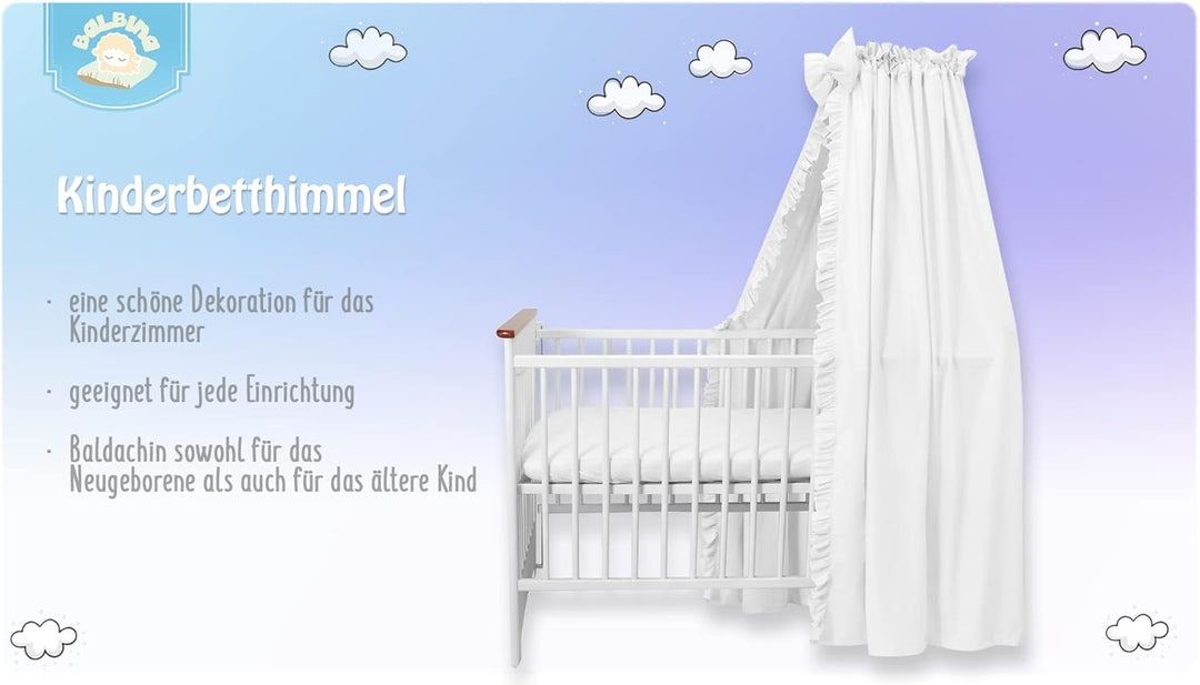 balbina Baldachin 100% Baumwolle, Deko-Set für Kinderbett, Betthimmel mit Rüsche & Schleife, Moskito