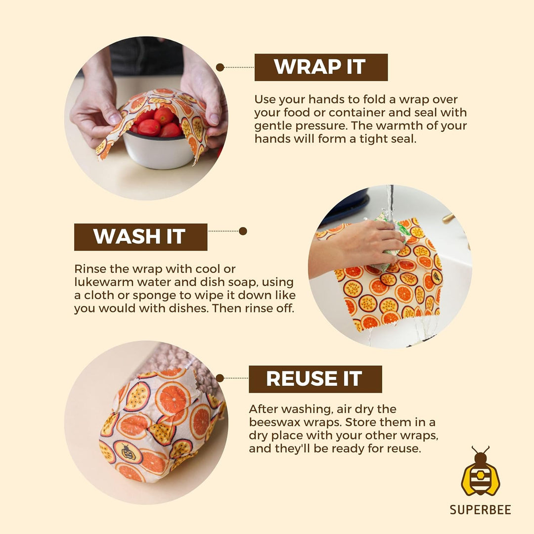 SuperBee Wax Wraps Set 3 Beeswax Wraps in den Grössen S,M &amp; L Hipster Wiederverwendbar, Umweltfreund