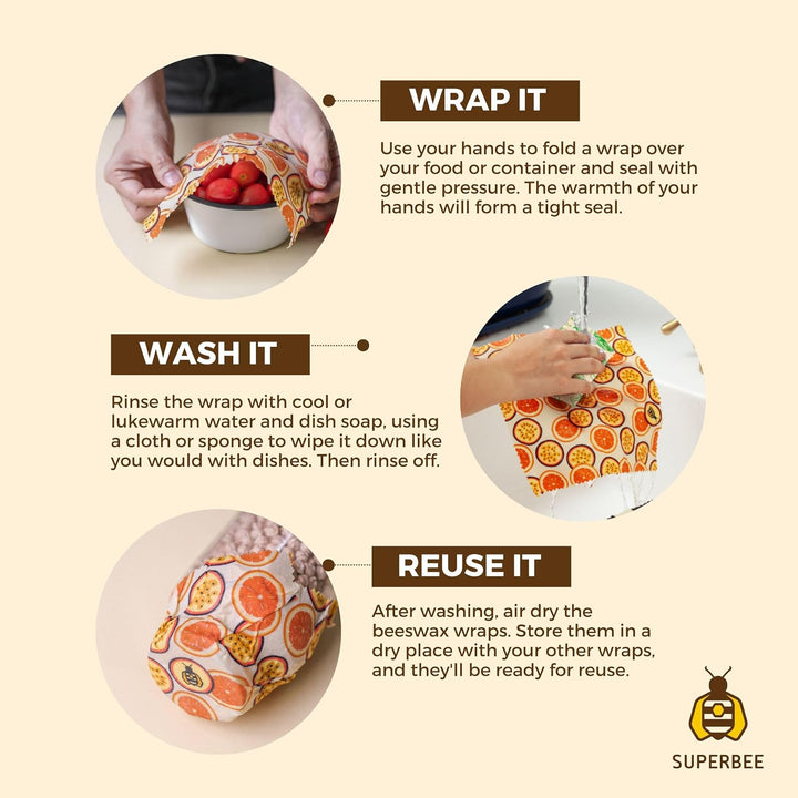 SuperBee Wax Wraps Set 3 Beeswax Wraps in den Grössen S,M &amp; L Hipster Wiederverwendbar, Umweltfreund