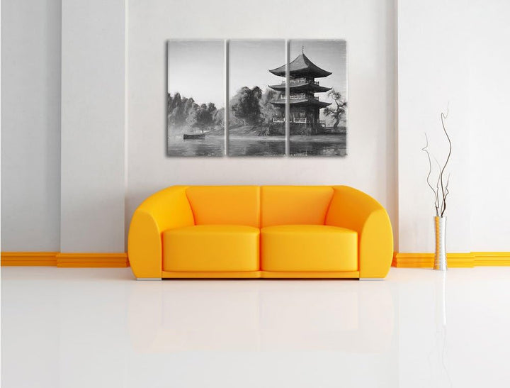 Pixxprint asiatischer Tempel an See / 3-Teilig/Gesamtmass 120cm Leinwandbild bespannt auf Holzrahmen