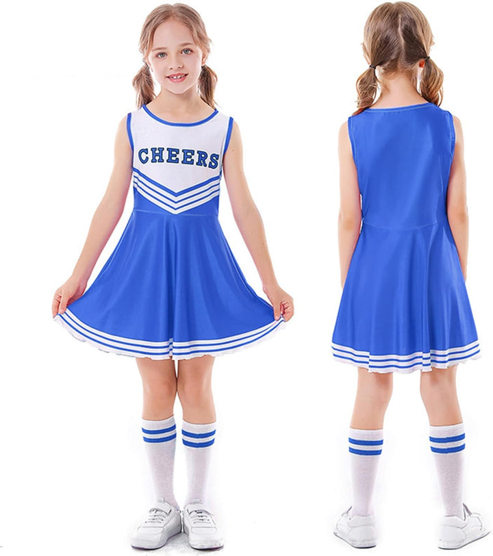 LOLANTA Cheerleader Kostüm Kinder, Cheerleadering Outfit Mädchen mit Pompons(11-12 Jahre,Blau,Tag S/
