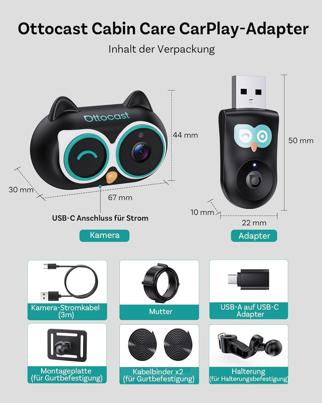 Ottocast Cabin Care CarPlay Adapter 2026, Ottocast Mini 1080P Rücksitz Kamera, USB-A Plug & Play, Nu