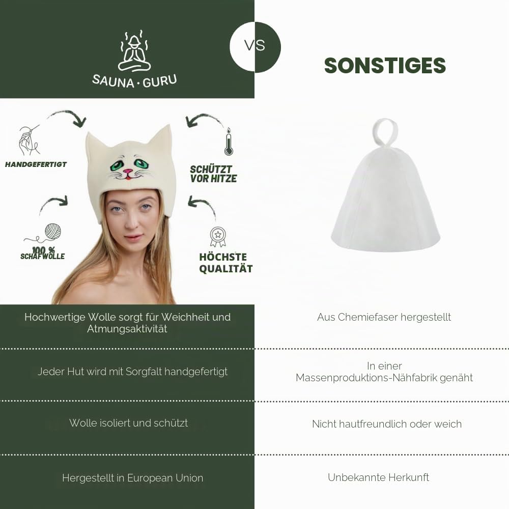 Natural Textile Saunahut "Sauna Kitten Green" weiss - 100% Bio-Wollfilzmmützen für russische Banya -