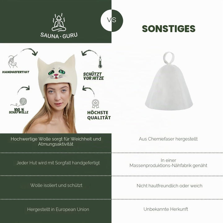 Natural Textile Saunahut "Sauna Kitten Green" weiss - 100% Bio-Wollfilzmmützen für russische Banya -
