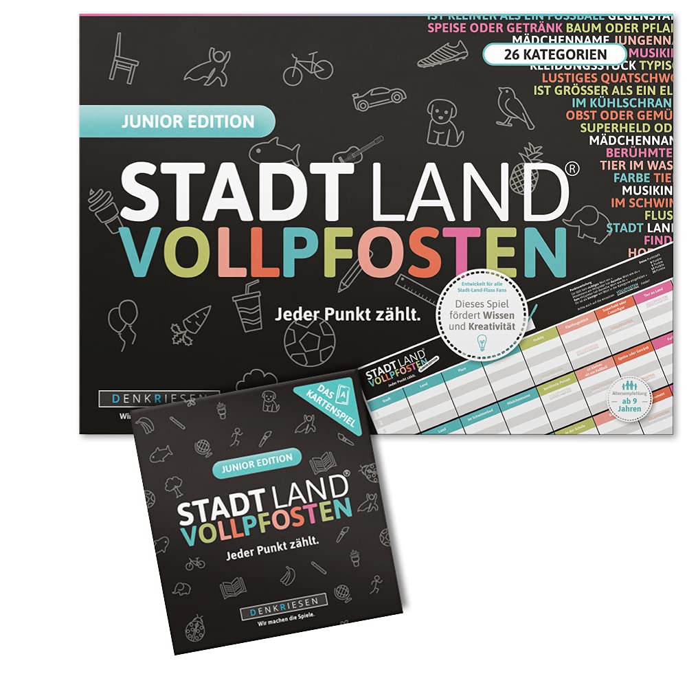 DENKRIESEN Stadt Land VOLLPFOSTEN - JUNIOR-Duo - Das Kartenspiel und der Spielblock - Junior Edition
