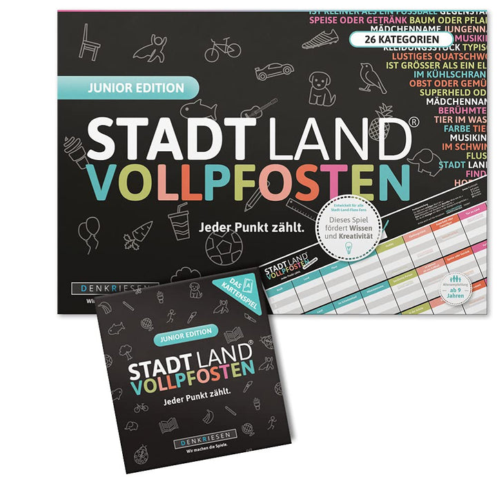 DENKRIESEN Stadt Land VOLLPFOSTEN - JUNIOR-Duo - Das Kartenspiel und der Spielblock - Junior Edition