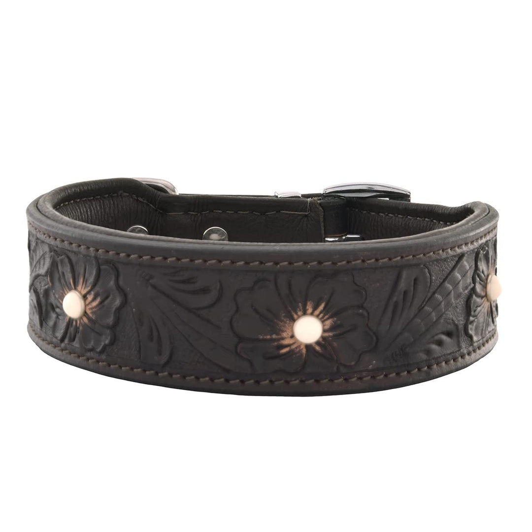 MICHUR Pablo Hundehalsband Leder, Lederhalsband Hund, Halsband, BRAUN, Leder, mit gestanzten Blumenm