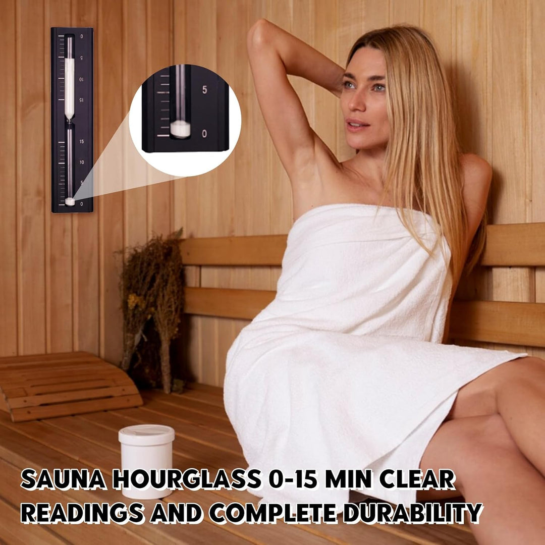 Saunakübel Set, 7L Aluminium Sauna Eimer mit Sanduhr, Saunaschale, Saunakelle, Thermo & Hygrometer,