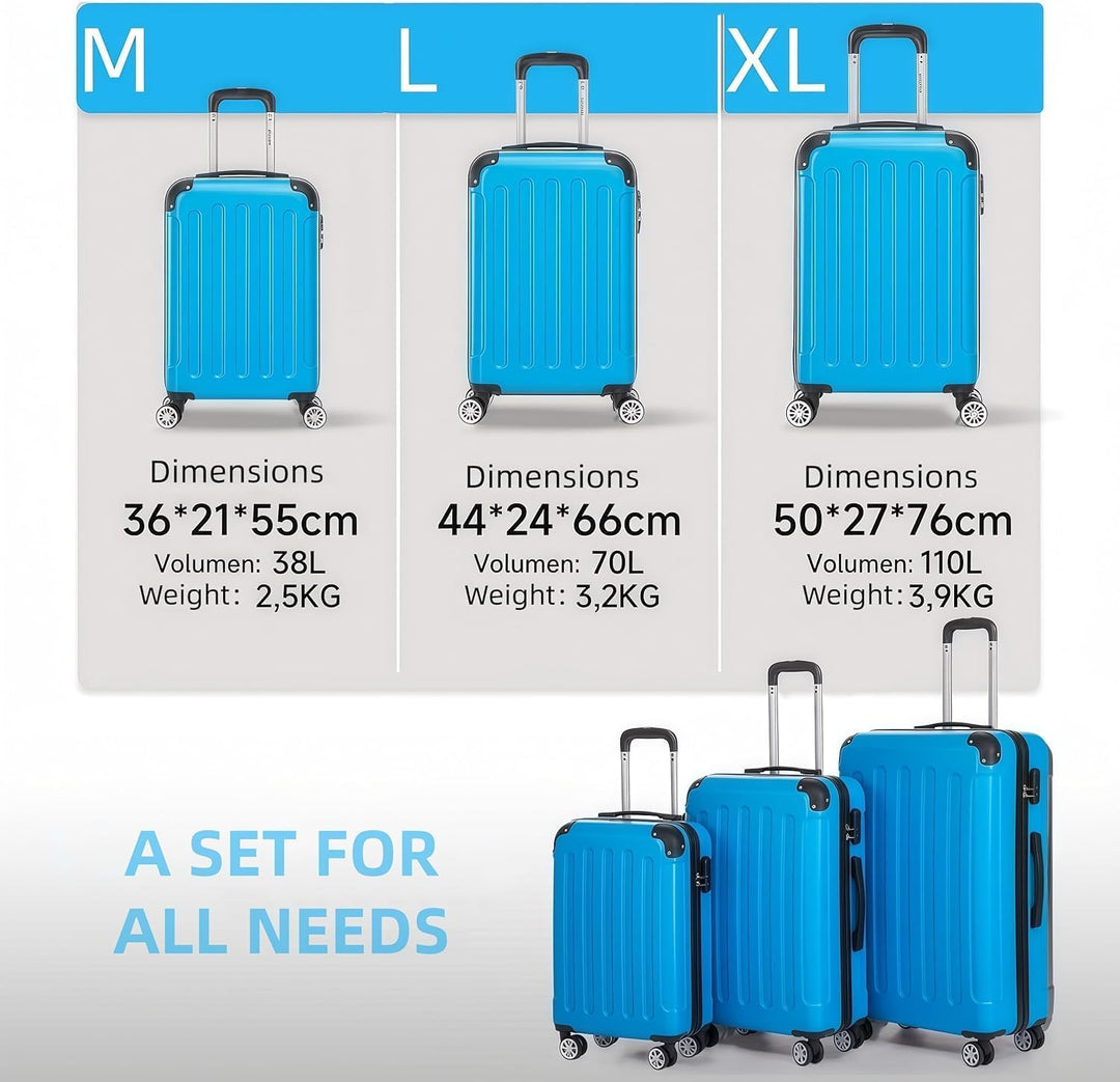 3tlg Kofferset, Trolley Koffer Reisekofferset, (55/66/76CM), Handgepäck Koffer, 360°drehbare Hartsch