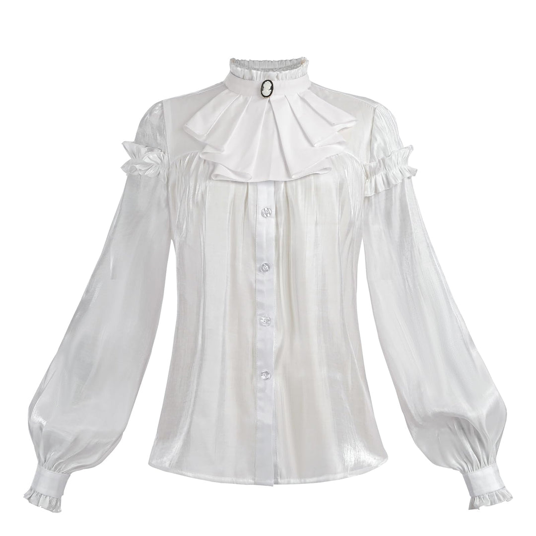 Damen Viktorianisch Bluse Vintage Schleifenhemd Stehkragen mit Ruff Langarmshirt Mittelalter Bluse L