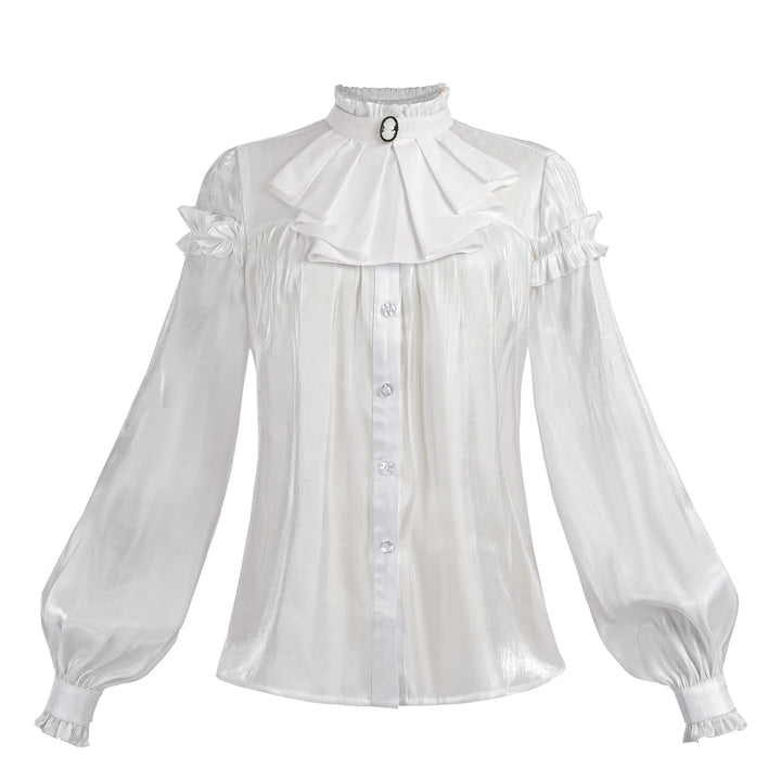 Damen Viktorianisch Bluse Vintage Schleifenhemd Stehkragen mit Ruff Langarmshirt Mittelalter Bluse L