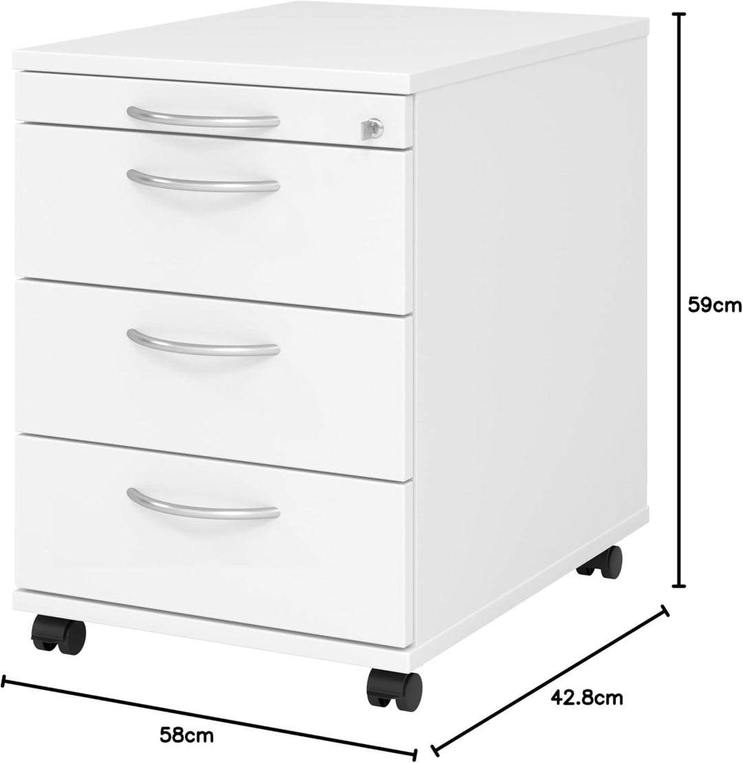 bümö Rollcontainer mit Schubladen, Container abschliessbar aus Holz in Weiss - Rollwagen für's Büro