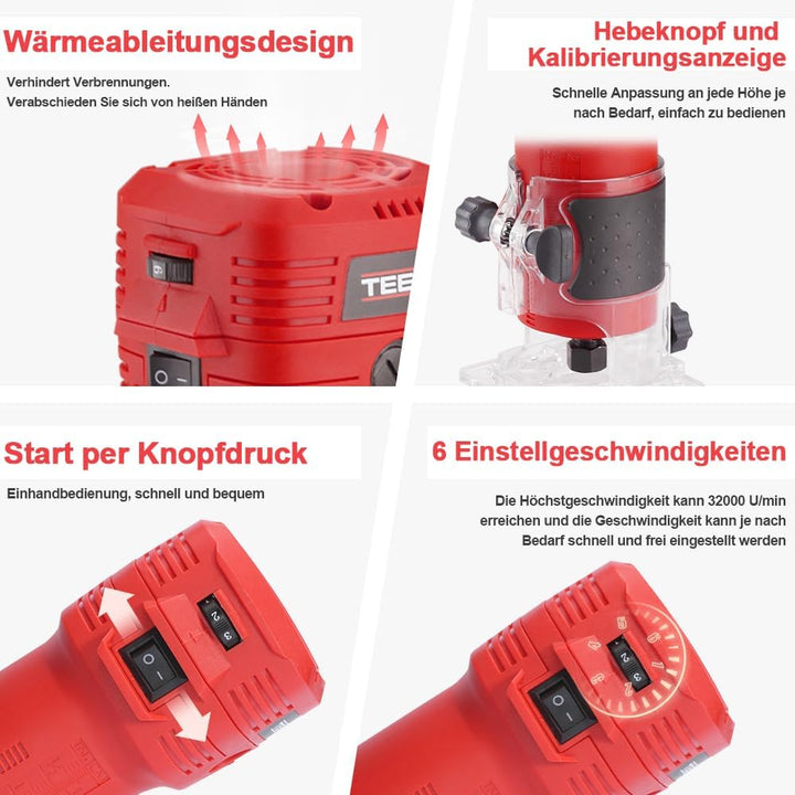 TEENO Holzfräse Oberfräse 650 W 15000–32000 U/min mit Tragetasche,6 Variable Geschwindigkeiten,Elekt