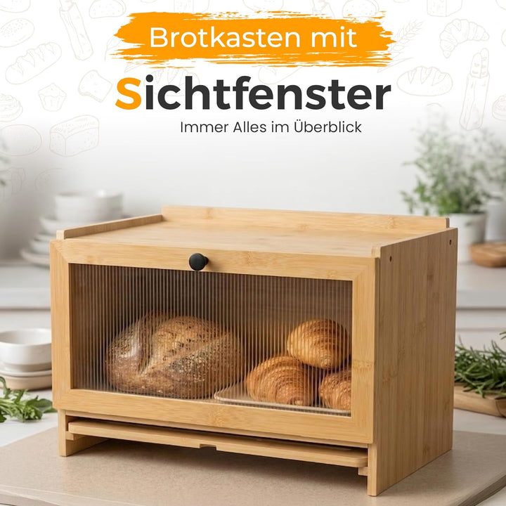 AH® Bambus Brotkasten holz mit Schneidebrett, Holz Brotkästen gross mit Belüftung- Elegant brotbox k