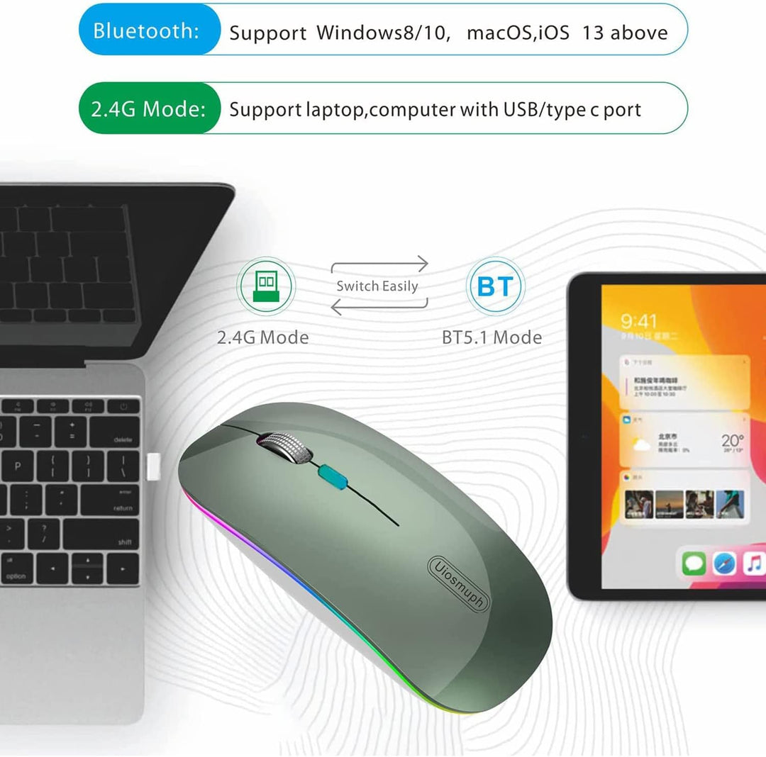 Uiosmuph Bluetooth Maus Kabellose, LED Funkmaus wiederaufladbar Leise Wireless Mouse 2.4GHz Kabellos