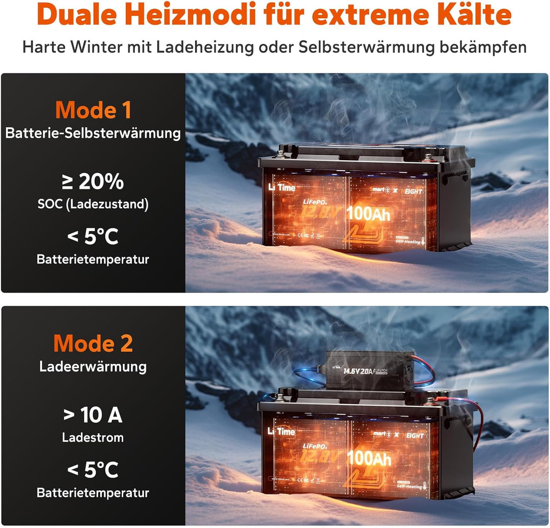 LiTime 12V 100Ah LiFePO4 Bluetooth H190 Lithium Battery für Wohnmobil in DIN H8 L5 Grösse, 15000-Zyk