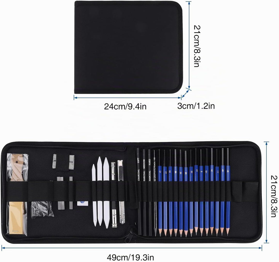 Skizzen Zeichen Bleistift Set 35 Stück Professionelles Zeichenzubehör mit Reissverschluss Tragetasch