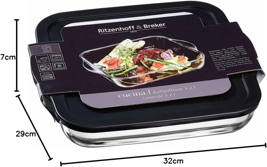 Ritzenhoff & Breker Auflaufform Cucina, aus Glas, Quadratisch, 32 x 29 cm, 3,2 Liter, Frischhaltedos