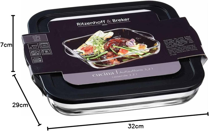 Ritzenhoff & Breker Auflaufform Cucina, aus Glas, Quadratisch, 32 x 29 cm, 3,2 Liter, Frischhaltedos