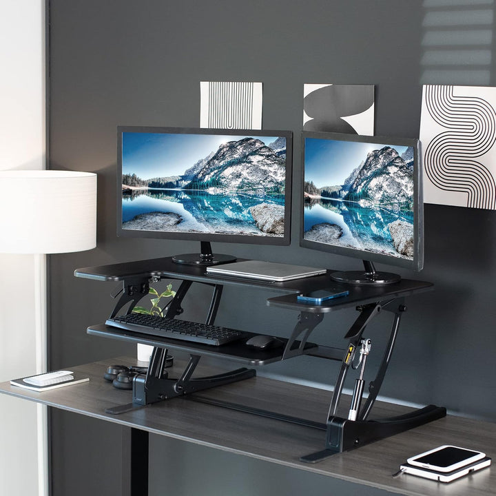 VIVO 91 cm höhenverstellbarer Steh-Sitz-Schreibtischaufsatz, V-Serie, Schnellwechsel-Tisch-Monitorst