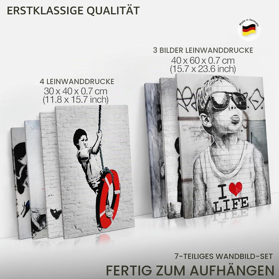 Novart Wandbilder Banksy Collage - KOMPLETT AUFHÄNGFERTIG - Street Art Grau Wohnzimmer Büro Loft - 7