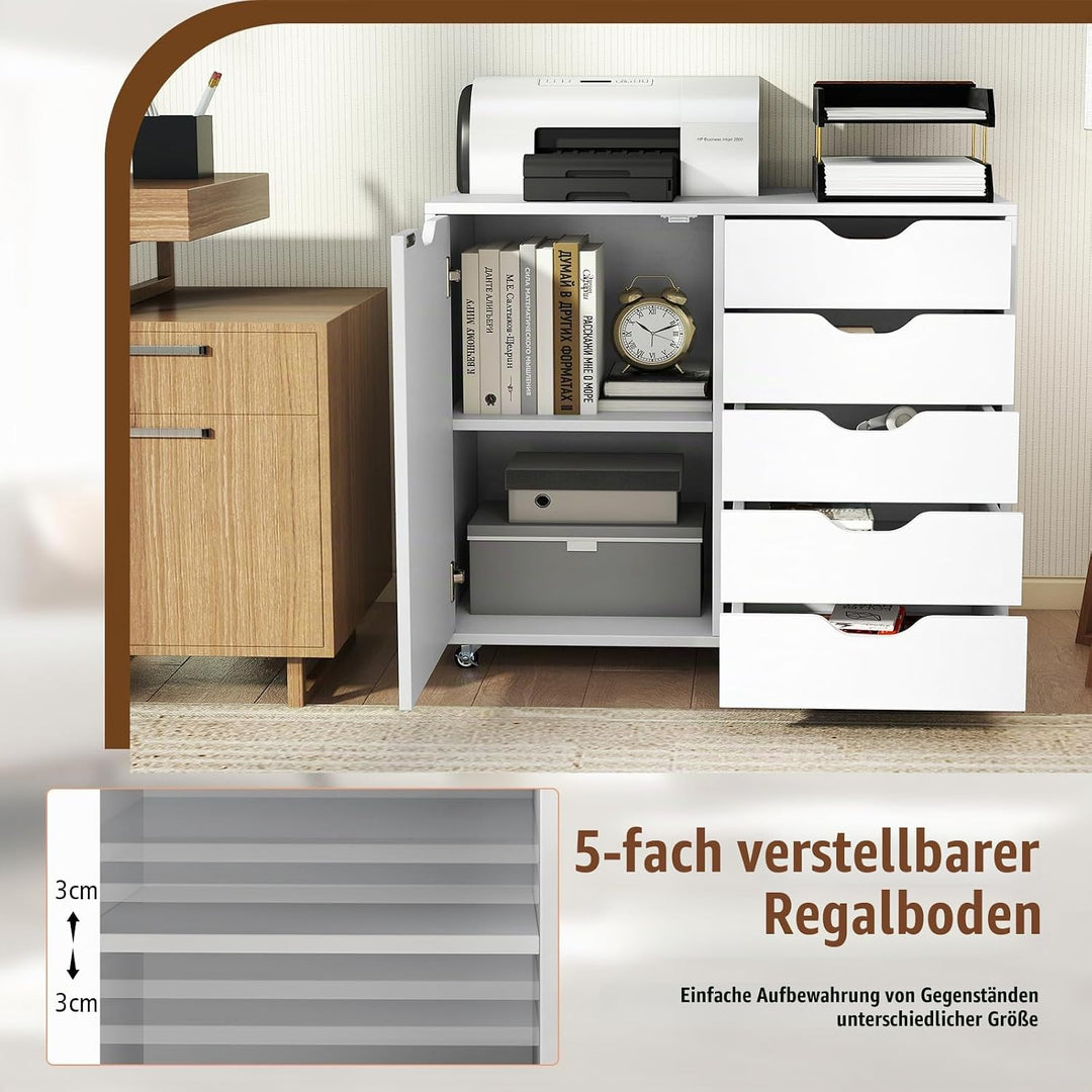 GIANTEX Rollcontainer mit 5 Schubladen &amp; Schrank, Aktenschrank mit Rollen, Schubladenschrank Holz un