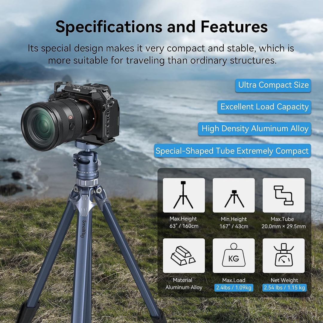 SMALLRIG Lightweight Travel Tripod, Kamerastativ mit kompakter, unkonventioneller Mittelsäule, 360°-