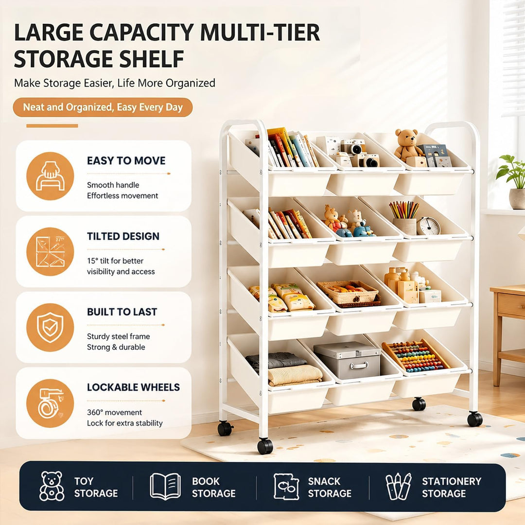 4 Etagen Spielzeugregal mit 12 Boxen,Kinder Organizer Weiss | Mobiler Organizer herausnehmbaren.Idea