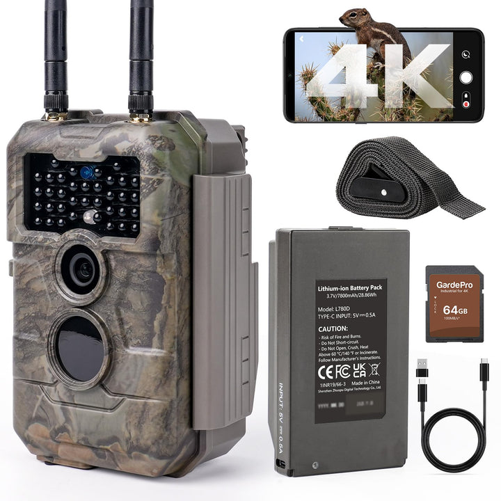 GardePro E6 2.0 Pro Wildkamera WLAN, Wiederaufladbare 8000mAh Akku mit 64GB SD Karte, 64MP 1296P, Wi