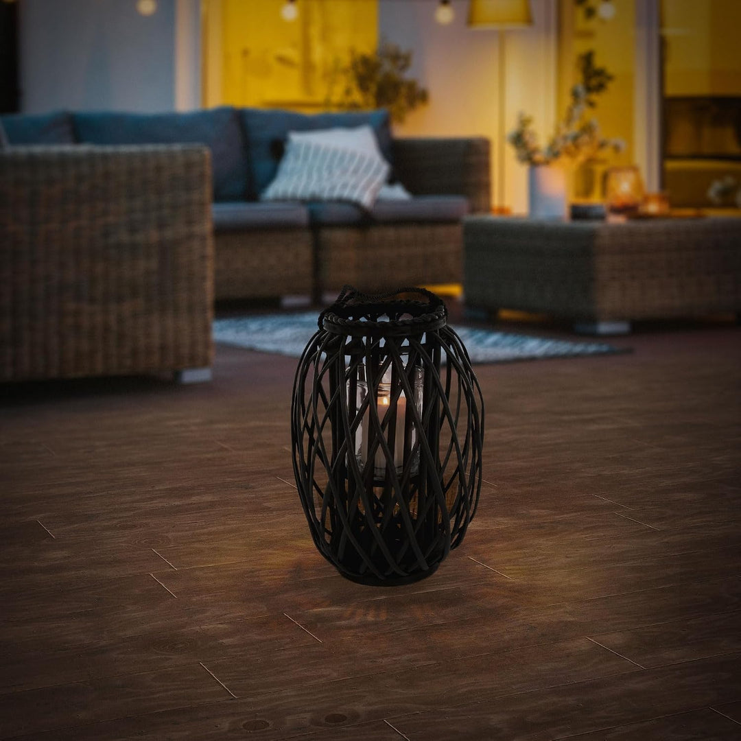 ECD Germany Laterne Ried 40xØ26 cm mit Henkel, Schwarz, Seilfaser, Flechtoptik, Rattan Windlicht mit