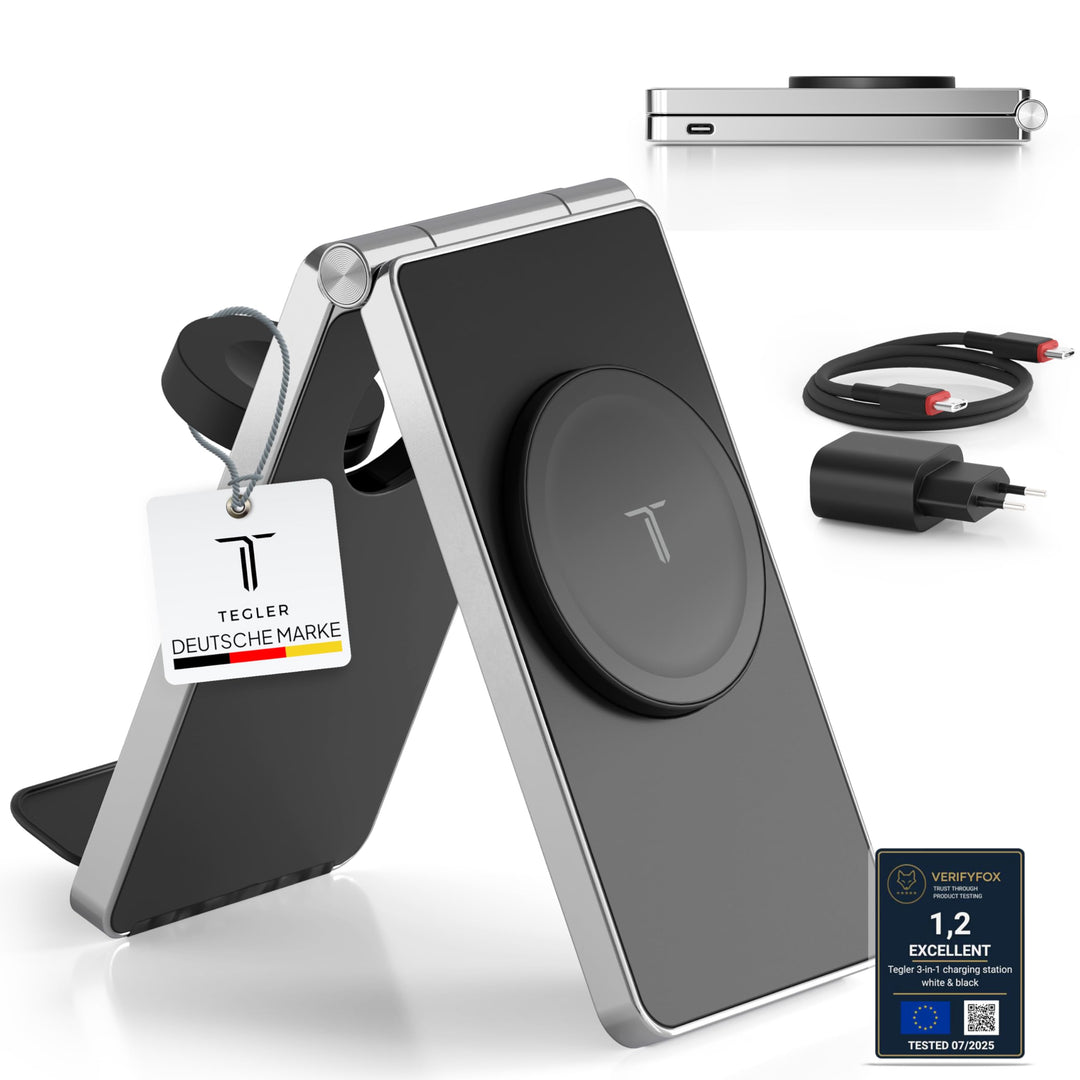 TEGLER 3-in-1 MagSafe Ladestation aus hochwertigem Aluminium für iPhone, Apple Watch & AirPods – Fal