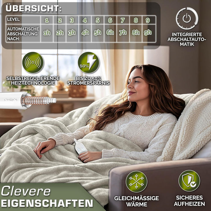 Heizdecke mit Abschaltautomatik 200 x 180 cm | Elektrische Wärmedecke mit 9 Temperaturstufen | Kusch