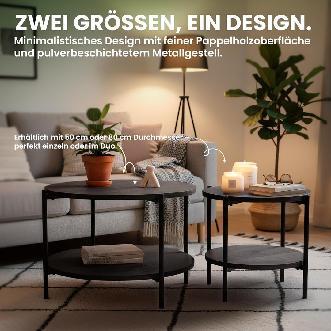 CLP Couchtisch rund Holz Edduma, Sofatisch 2 Ebenen mit Stauraum, Beistelltisch klein Metallgestell