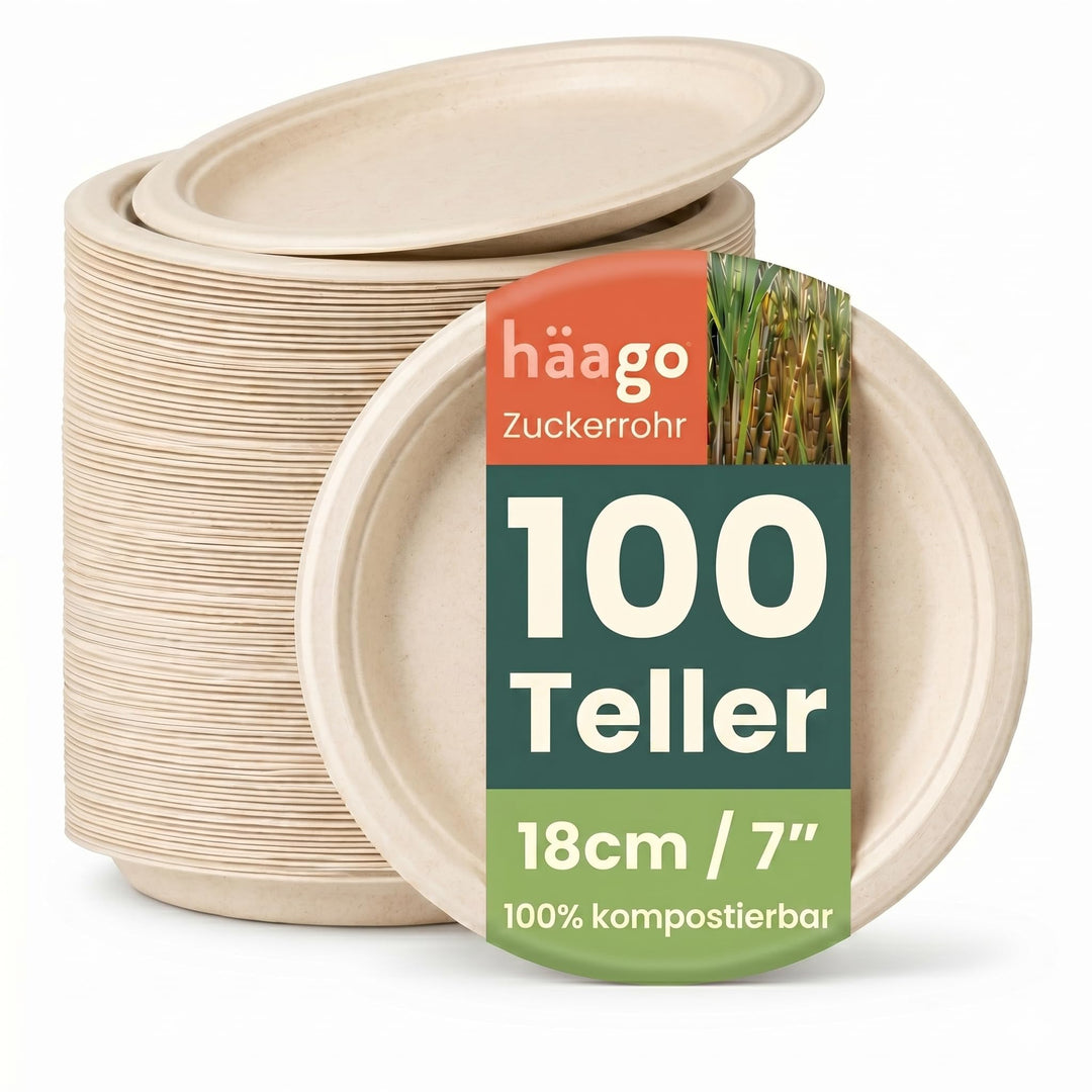 HAAGO Zuckerrohr Bagasse Einwegteller für Geburtstage, Hochzeiten, Partys - Stabil, Umweltfreundlich